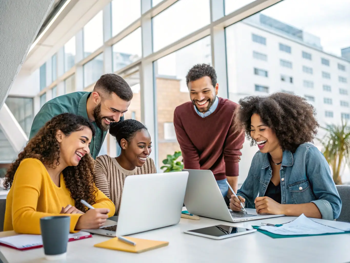 A dynamic image showing a diverse team of digital marketing experts collaborating on a project, brainstorming ideas, and analyzing data. The image should convey the collaborative and innovative spirit of King Collaborations.