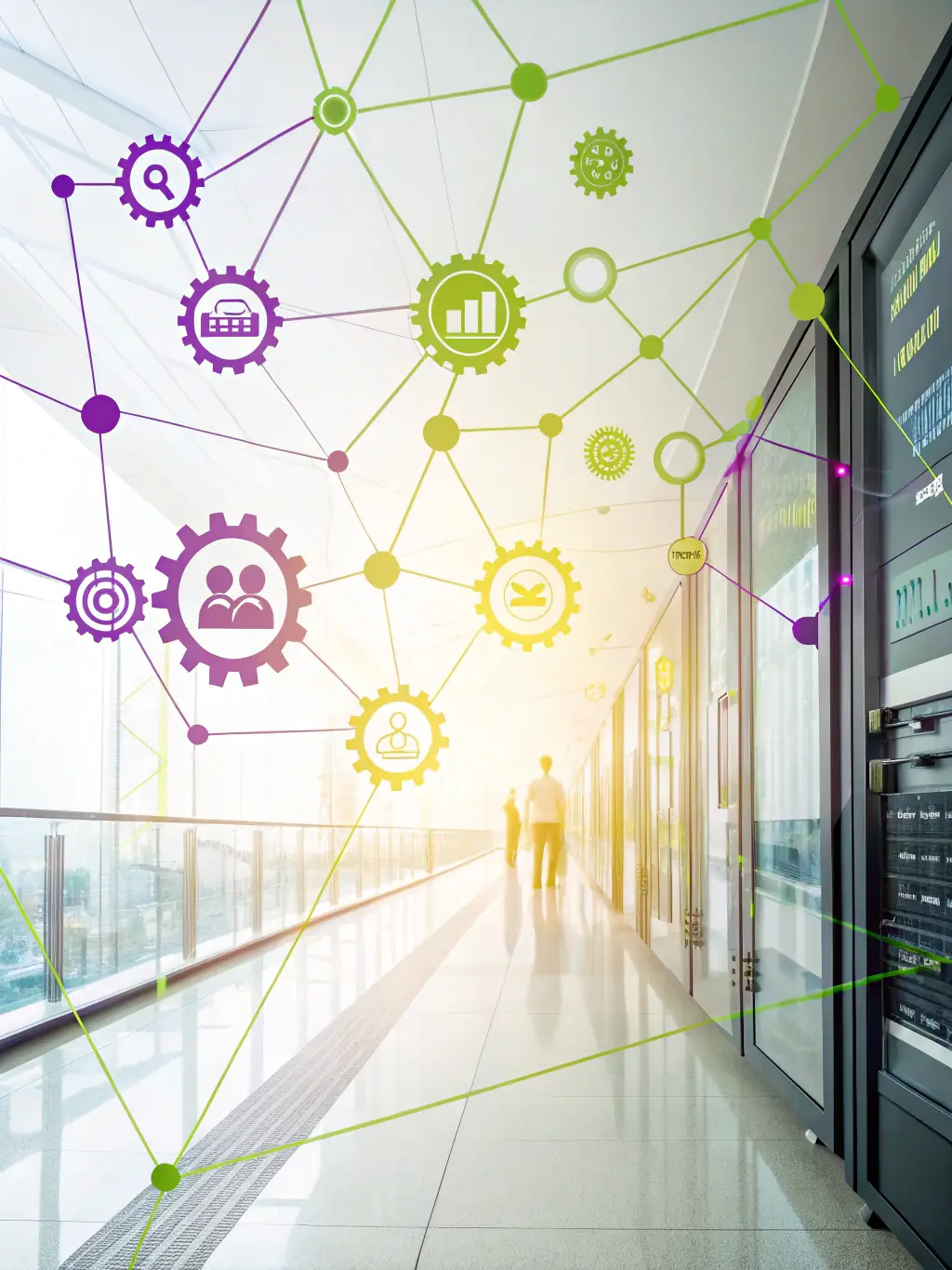 A graphic illustrating the flow of data and automation processes within a business, showcasing how AI streamlines operations and improves efficiency.